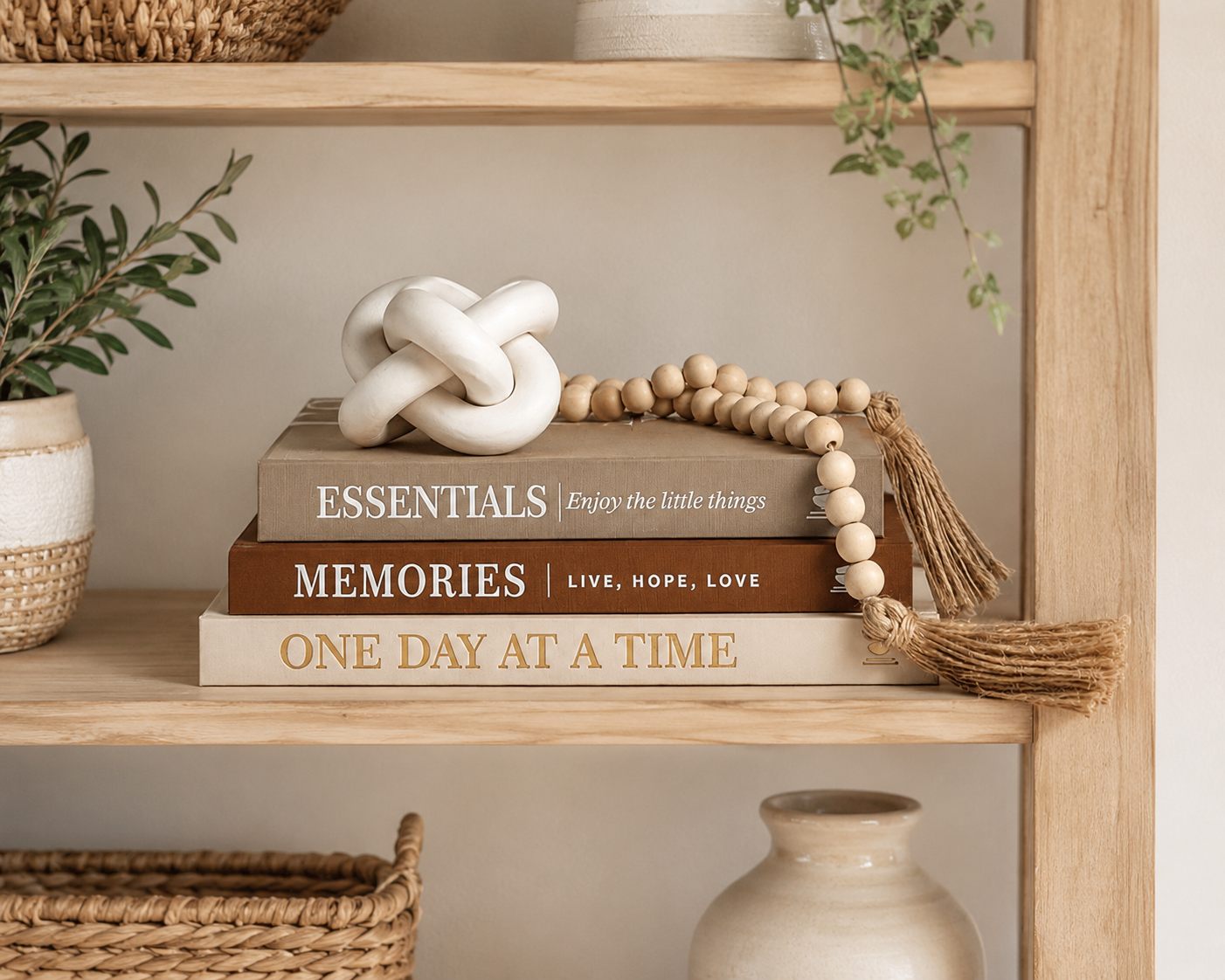 JULZEN book stack on a light wood bookshelf