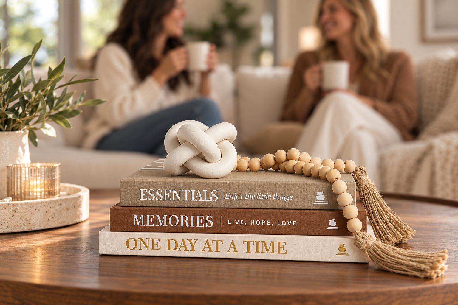 Two friends sharing coffee behind a JULZEN book stack on a coffee table