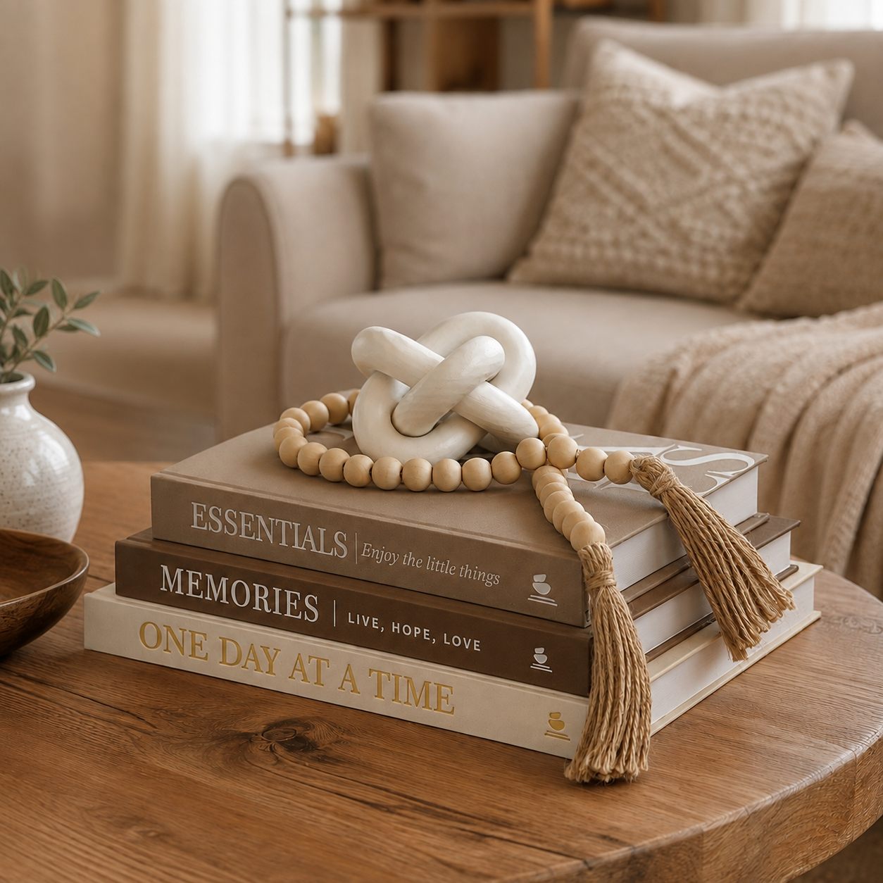 JULZEN book stack with knot and wood beads on a round coffee table