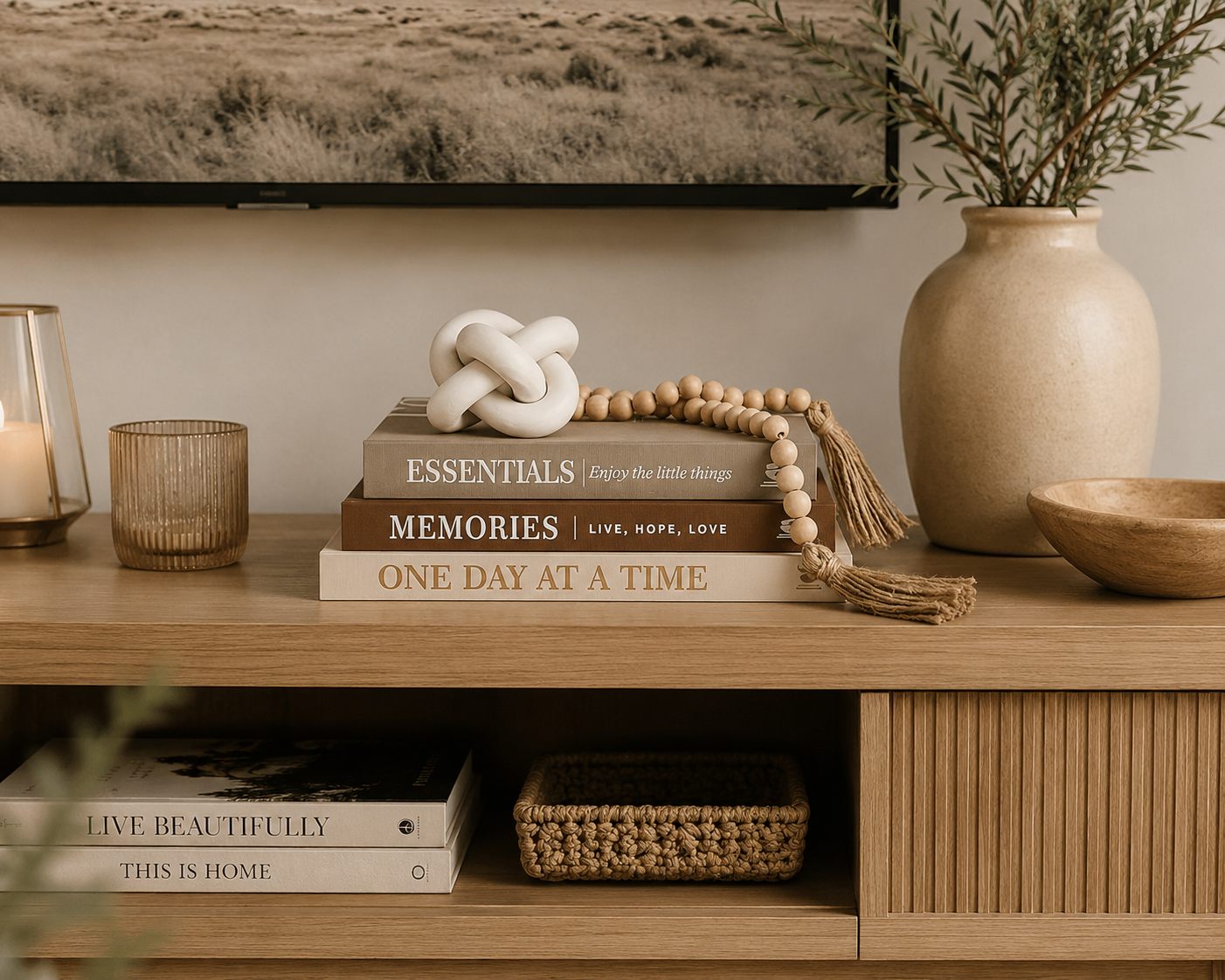 JULZEN book stack on a wooden TV console table